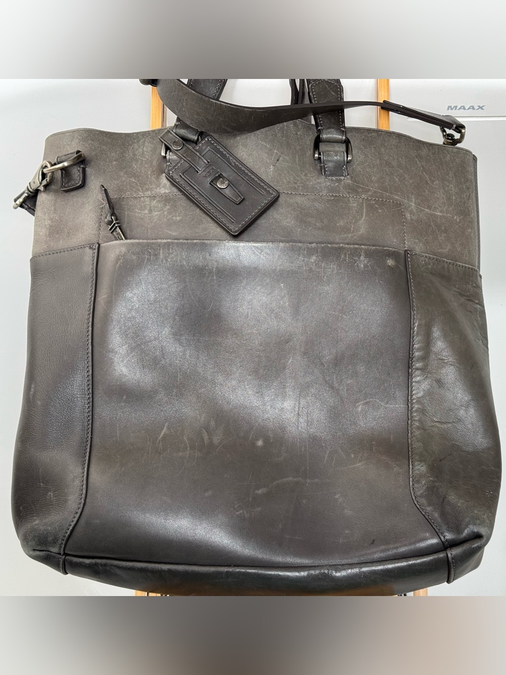 Huge Tumi Gray Leather Cross-body Tote Bag with Adjustable Strap
